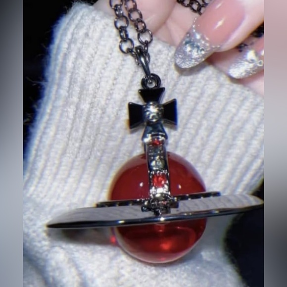 Cute Repurposed Vivienne westwood Red Crystal saturn Gun metal pendant necklace - Picture 3 of 4